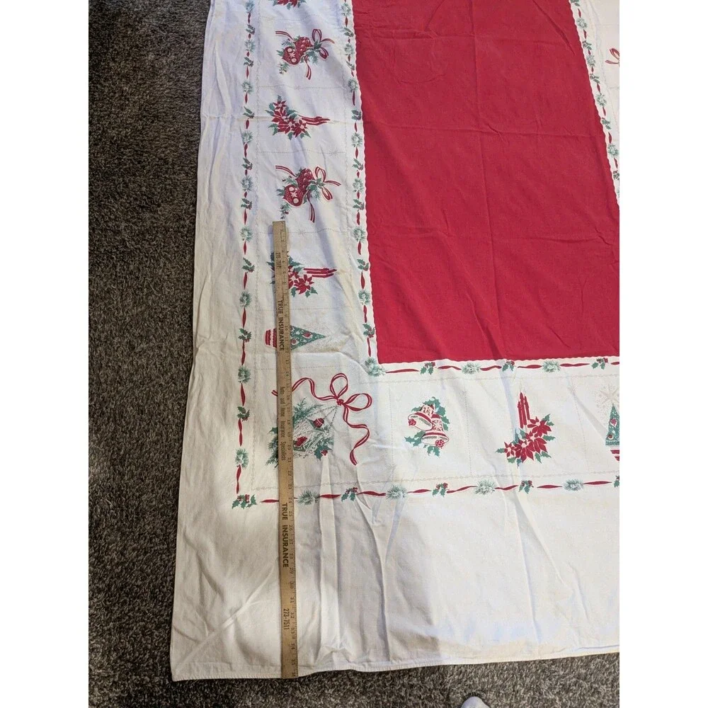 Vintage 50s Rectangle Christmas Tablecloth MCM Cotton Bells Trees  Candles *Flaw